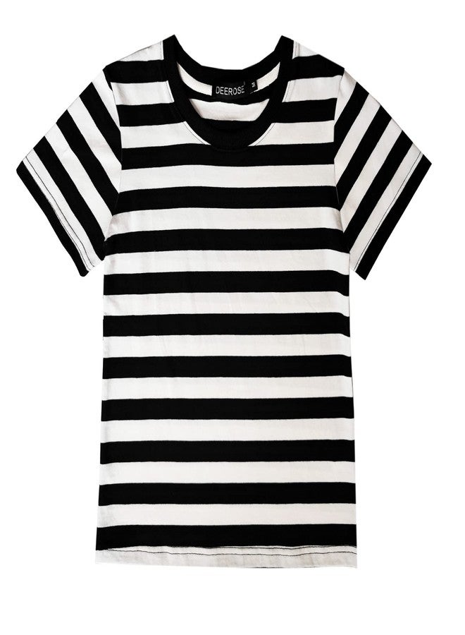 Deerose Kids Mime Artist Costume Shirt Halloween Short Sleeve Black White Striped Crewneck Summer Tee Top 7-8 Years - Image 1